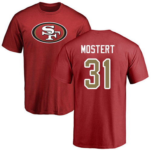 Men San Francisco 49ers Red Raheem Mostert Name and Number Logo #31 NFL T Shirt->nfl t-shirts->Sports Accessory